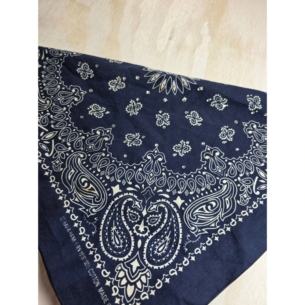 Hav-A-Hank Navy Blue Paisley Rhinestone Bandana Made in USA Cotton Western Boho